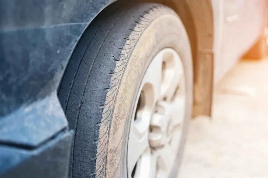 Zoom sur un pneu usé de voiture