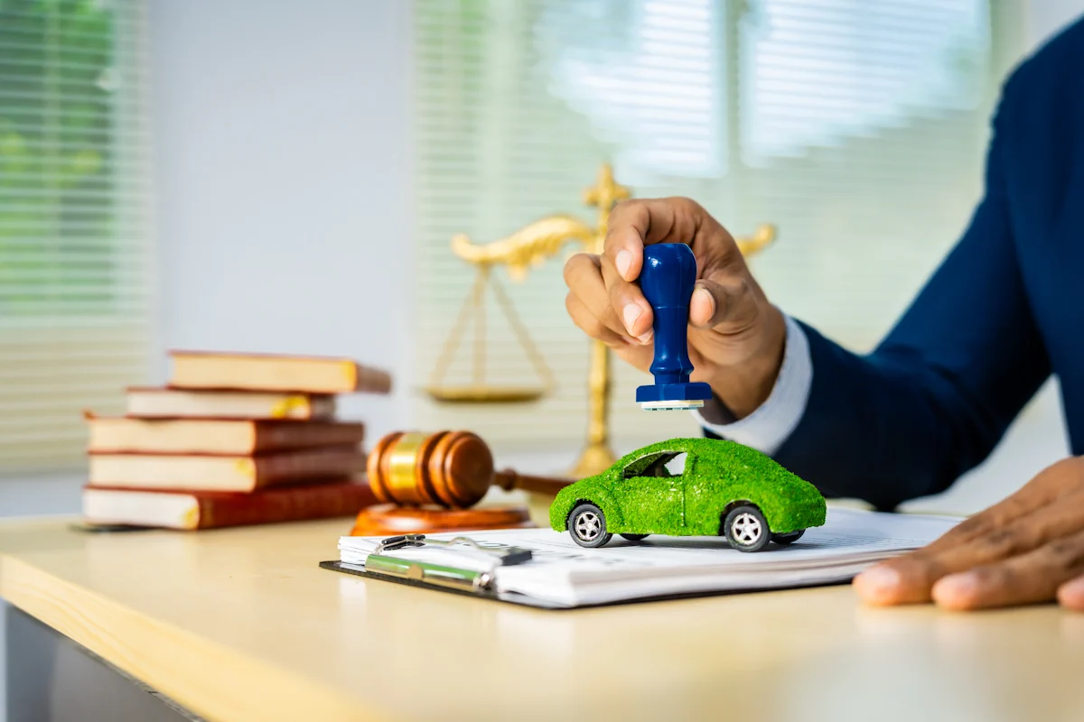 Un avocat qui tient un tampon dans sa main sur un document où est posé une maquette de voiture verte