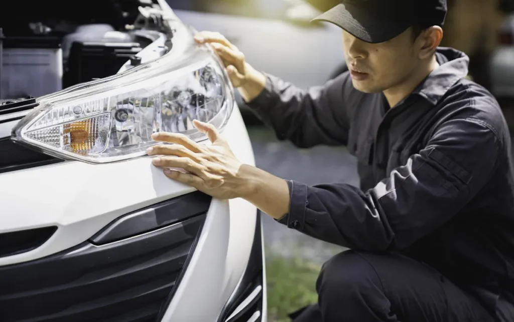 Un homme qui installe un nouveau phare sur une voiture blanche