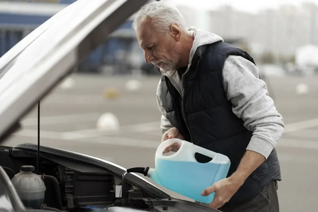 Un homme qui ajoute du liquide bleu dans son moteur