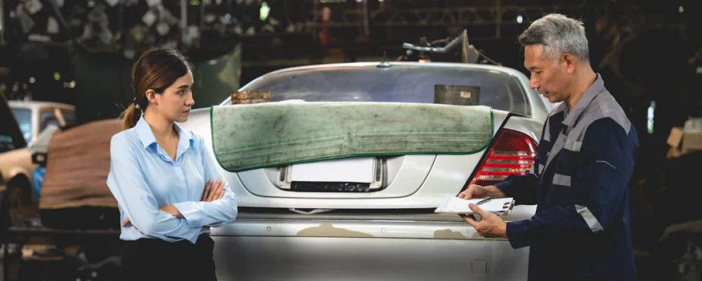 Une femme qui discute avec un mécanicien derrière une voiture grise