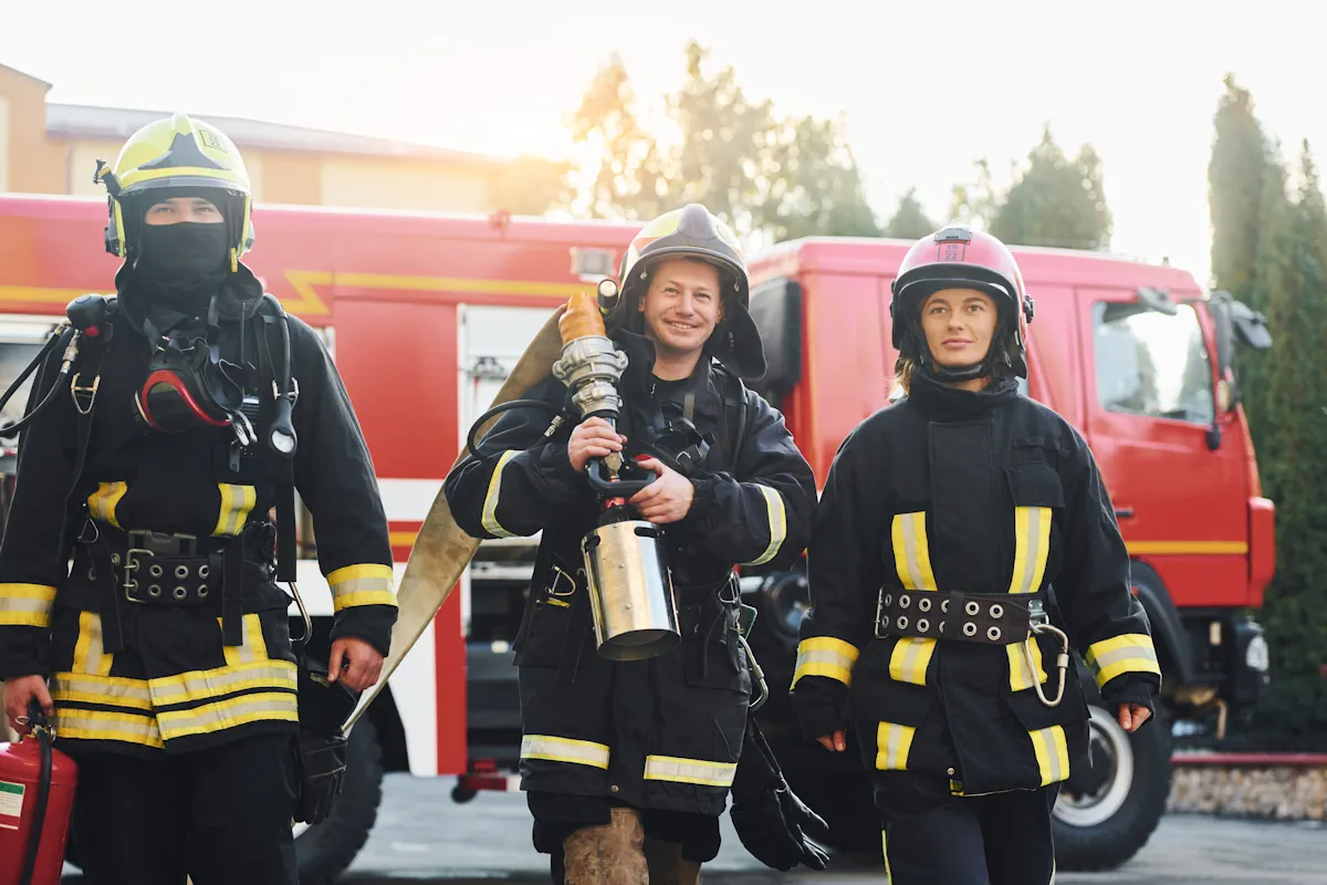 Des pompiers qui portent un tuyau