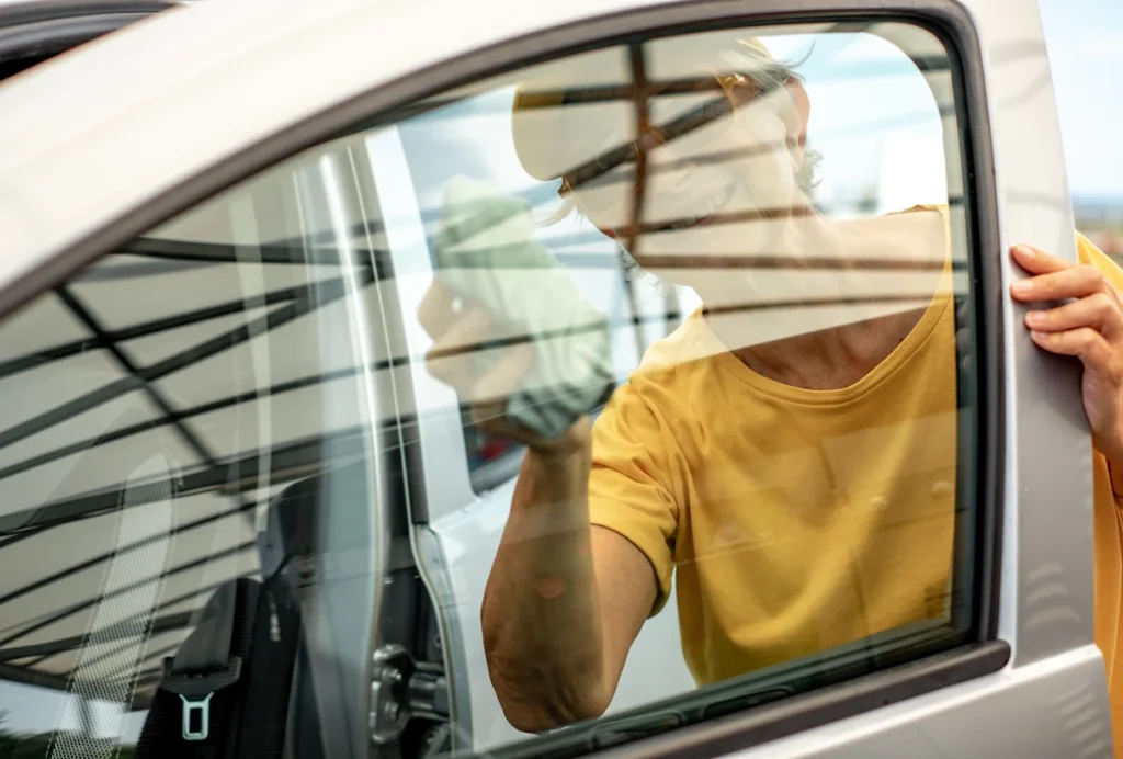 Une femme qui nettoie la vitre d'une voiture