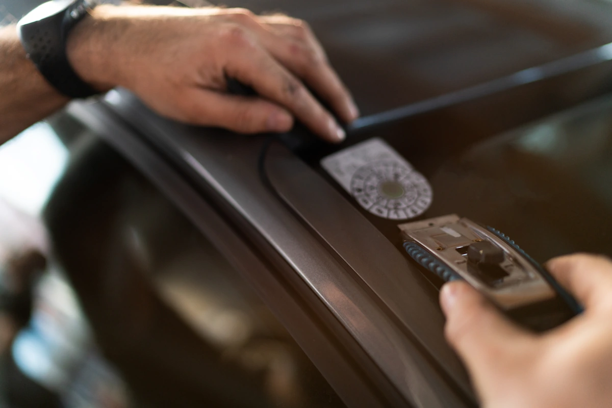 Une  personne avec un accessoire qui enlève un autocollant sur un parebrise de voiture