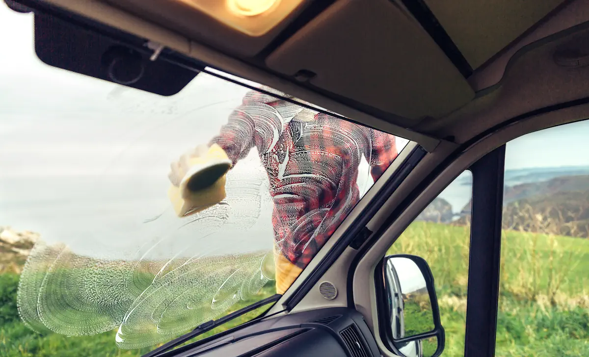Un homme qui nettoie un pare-brise avec du savon