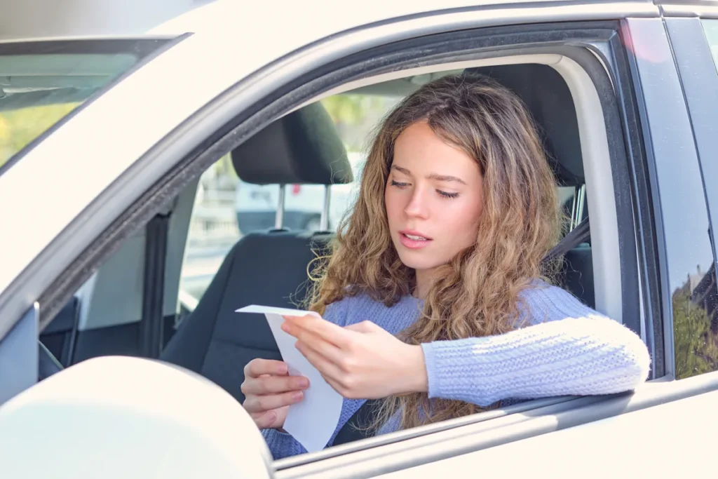 Une femme qui lit un PV dans sa voiture