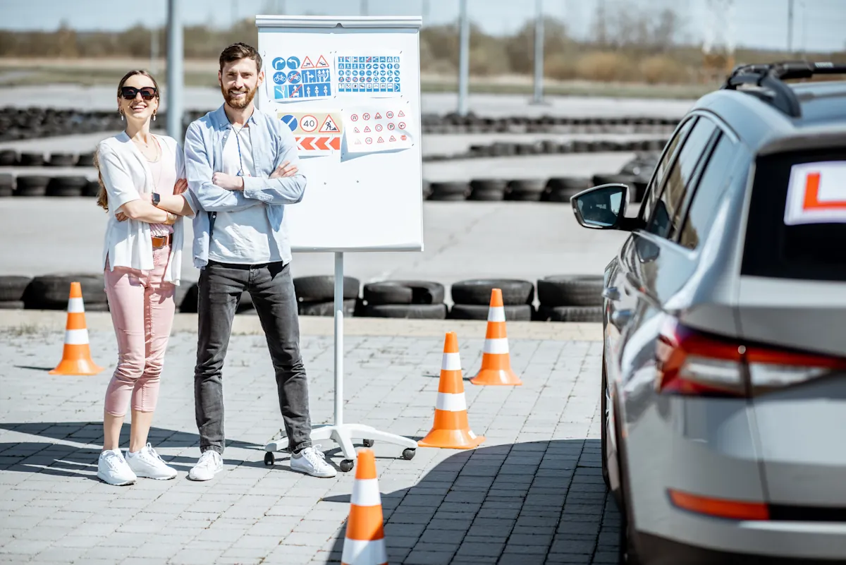 Un homme et une jeune femme devant un tableau de formation auto-école